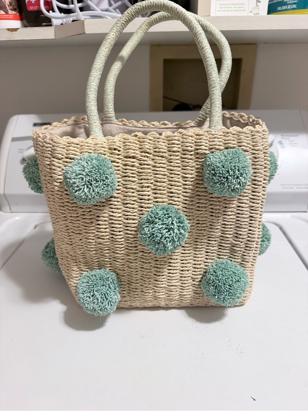 BtB Los Angeles Woven Pom-Pom Tote in Beige and Mint